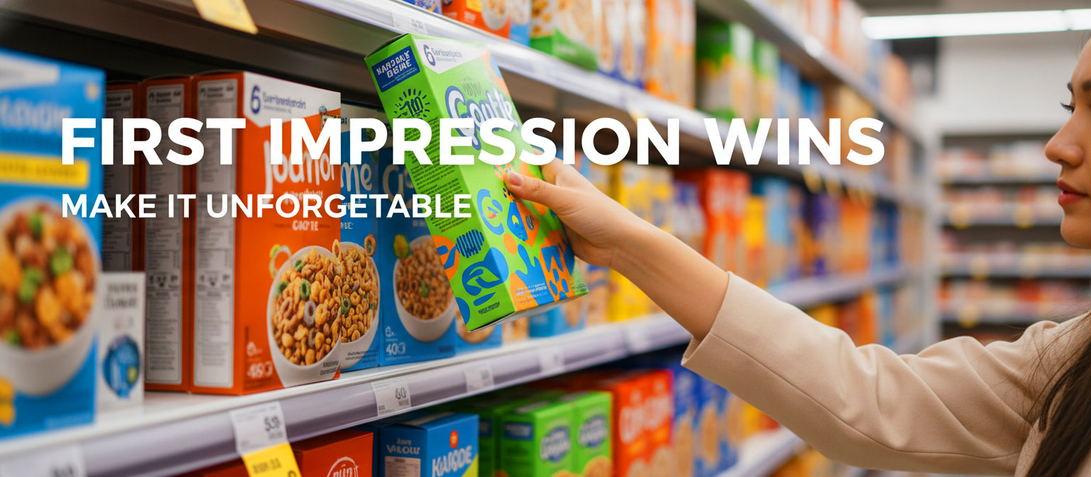 A woman's hand reaching for a colorful cereal box on a brightly lit supermarket shelf, with the text "FIRST IMPRESSION WINS. MAKE IT UNFORGETTABLE."