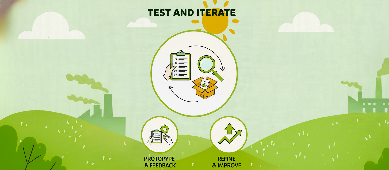 Illustration depicting the "Test and Iterate" process for packaging design, showing prototyping, feedback, refinement, and continuous improvement steps.