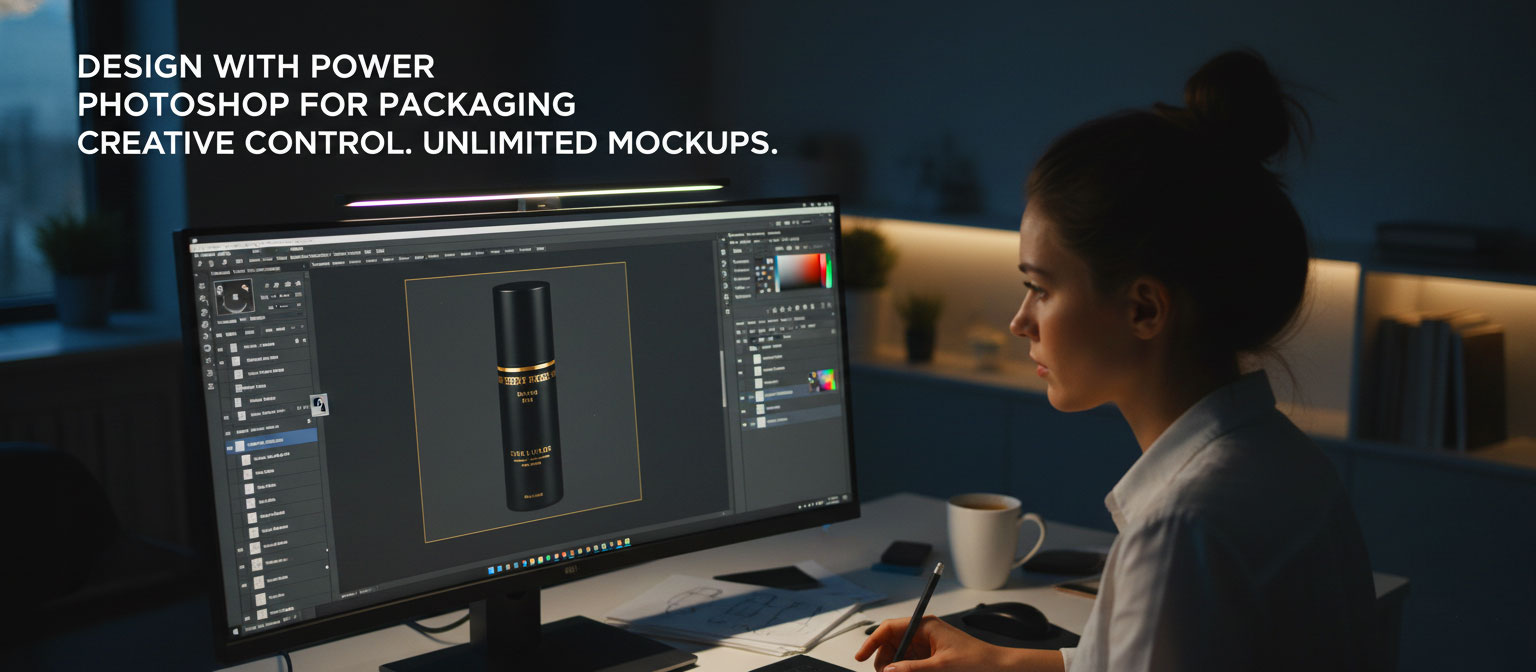 A graphic designer intently working on a computer screen displaying a product packaging design in Adobe Photoshop, with the text "DESIGN WITH POWER PHOTOSHOP FOR PACKAGING CREATIVE CONTROL. UNLIMITED MOCKUPS."
