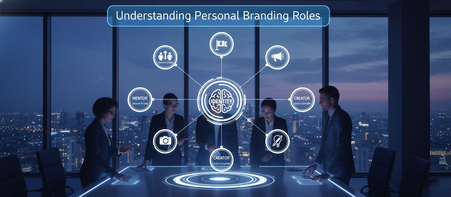 Four professionals in a futuristic office, each interacting with holographic screens displaying elements of personal branding in the digital era. A central glowing 'IDENTITY' icon represents their brand-identity, connected to various digital communication and networking icons