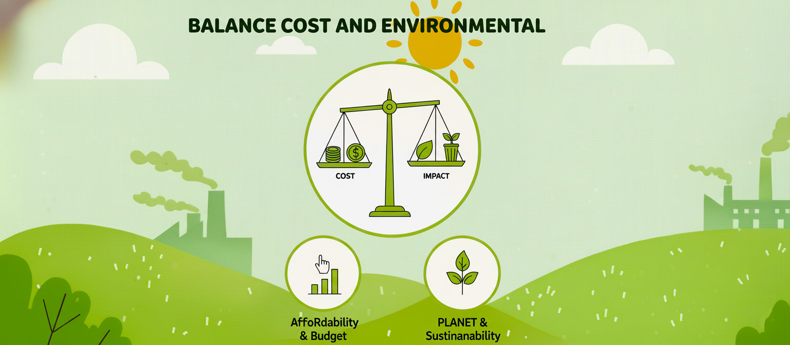 Illustration of a scale balancing packaging cost (affordability, budget) against environmental impact (planet sustainability), emphasizing the need for a balanced approach in green packaging.
