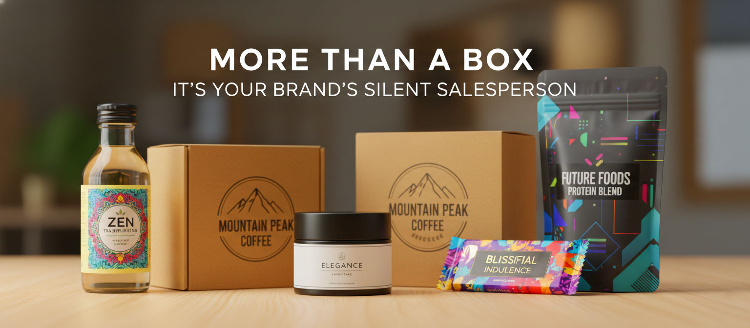 A collection of diverse product packaging, including coffee bags, a glass bottle, and small boxes, on a wooden table with the text "MORE THAN A BOX IT'S YOUR BRAND'S SILENT SALESPERSON."