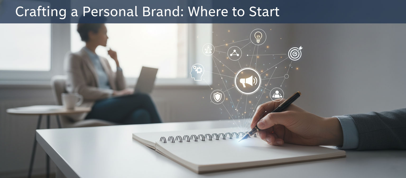 A person writing in a notebook, with glowing lines and icons representing the initial steps of crafting a personal brand, such as target audience and ideas, emerging from the pen. In the background, another person works on a laptop, emphasizing the start of a personal branding journey