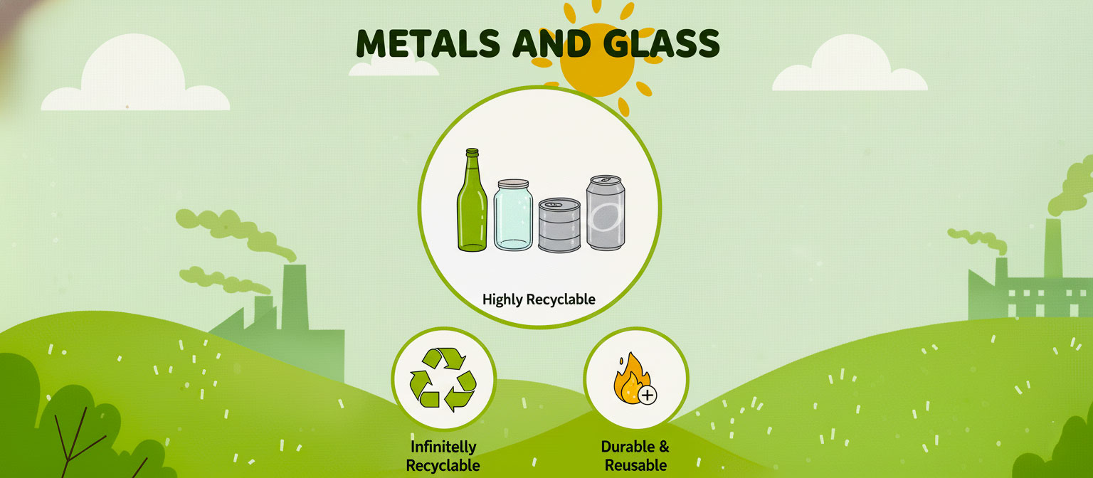 Illustration of metal cans and glass bottles, highlighting their properties as highly, infinitely recyclable, durable, and reusable packaging materials.