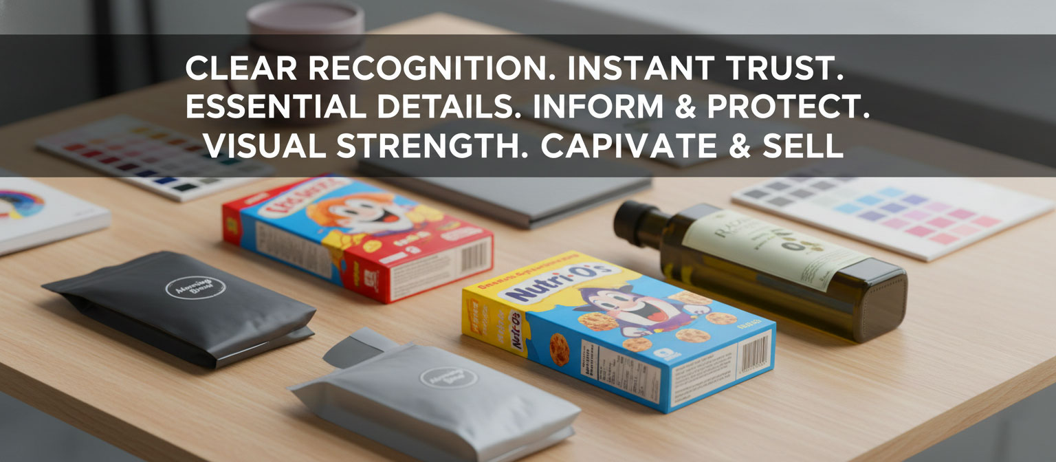A wooden table displaying various product packages—cereal boxes, pouches, bottles—alongside color swatches and design elements, with the text "CLEAR RECOGNITION. INSTANT TRUST. ESSENTIAL DETAILS. INFORM & PROTECT. VISUAL STRENGTH. CAPTIVATE & SELL."