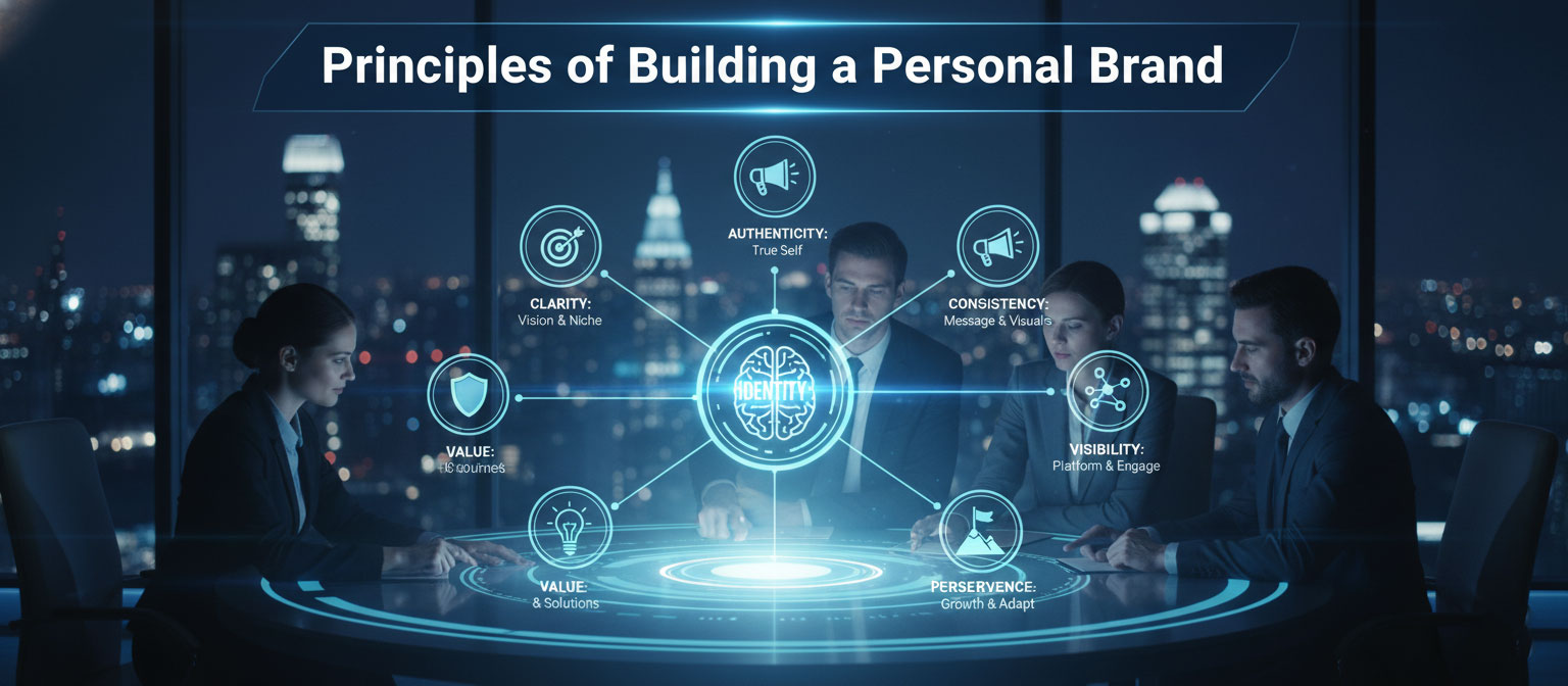 Five professionals gathered around a holographic table in an office overlooking a city skyline, discussing various personal branding roles. A central 'IDENTITY' icon is surrounded by defined roles like Mentor, Creator (Art & Specialty), and Creator (Lead & Competitor), highlighting the diverse aspects of personal branding.
