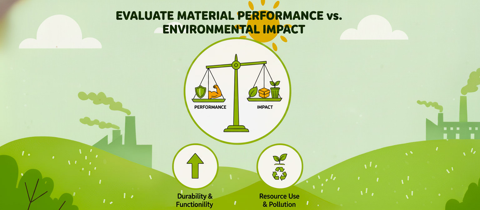 Illustration showing a scale balancing material performance (durability, functionality) against environmental impact (resource use, pollution), for evaluating sustainable packaging choices.