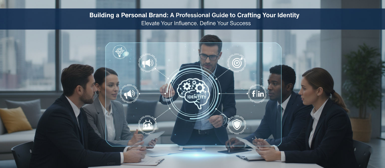 A group of professionals in a modern office discussing their brand-identity and personal branding objectives, with a central holographic display showing 'IDENTITY' surrounded by icons representing aspects of building a personal brand, including influence and success.