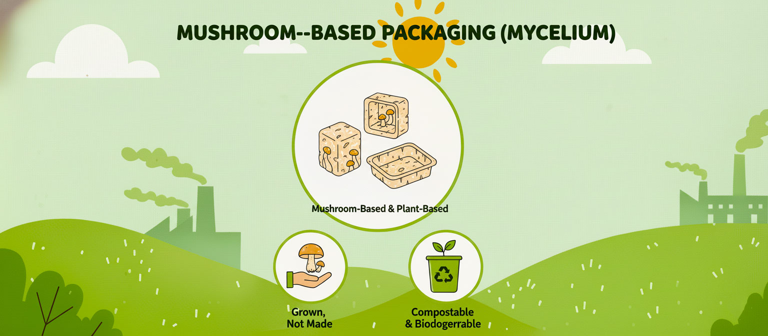 Illustration depicting mushroom-based (mycelium) packaging, showcasing its 'grown, not made' nature, and its compostable, biodegradable properties for sustainable solutions.