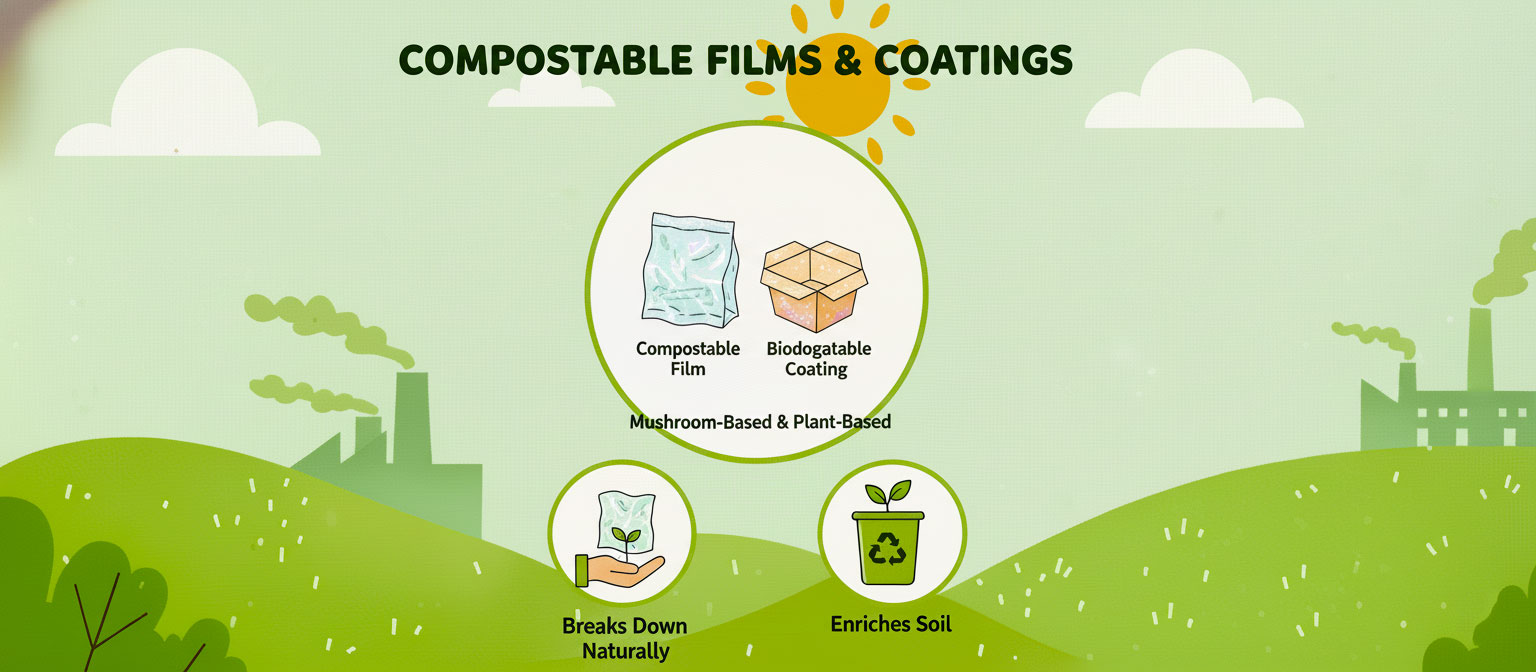 Illustration showing a compostable film bag and a box with a biodegradable coating, emphasizing how these materials break down naturally and enrich the soil.
