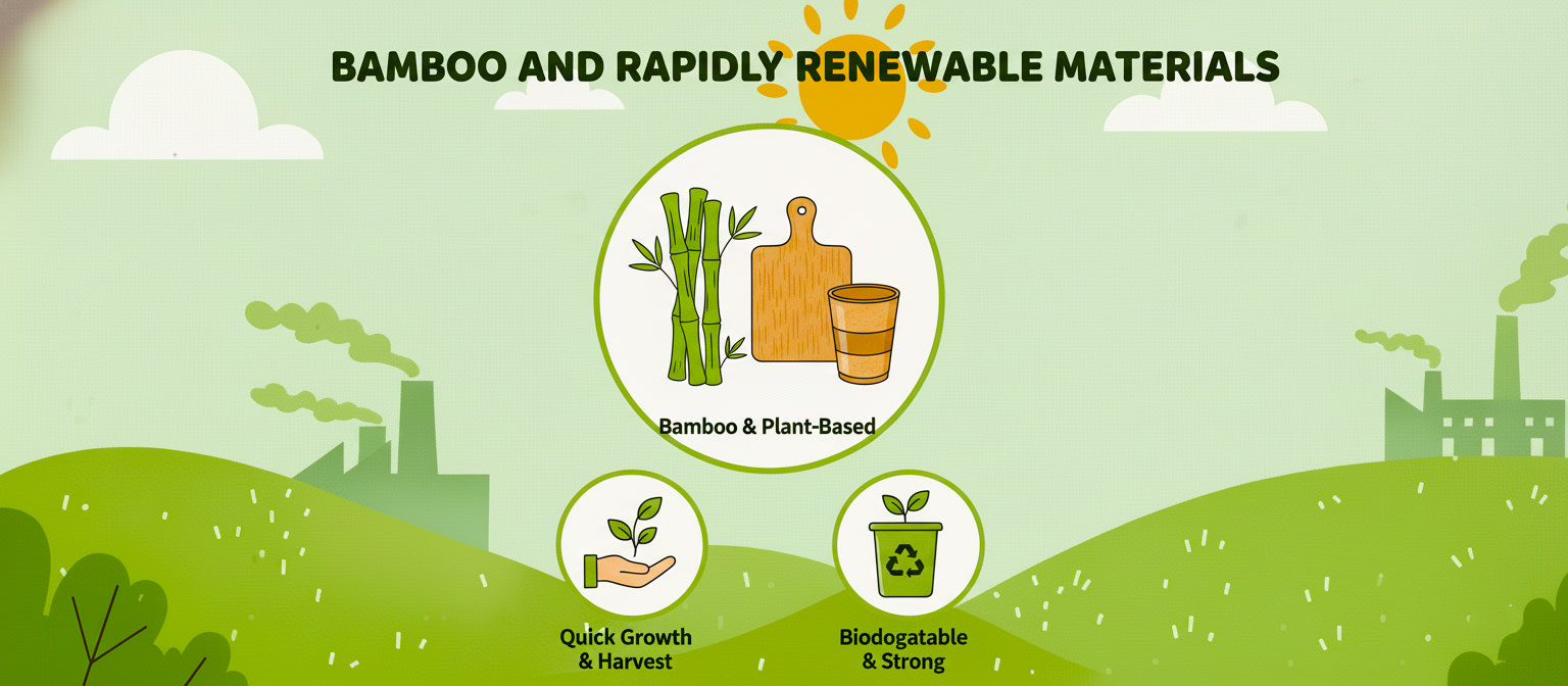 Illustration showcasing bamboo and other plant-based items, emphasizing their quick growth, biodegradability, and strong properties as rapidly renewable packaging materials.