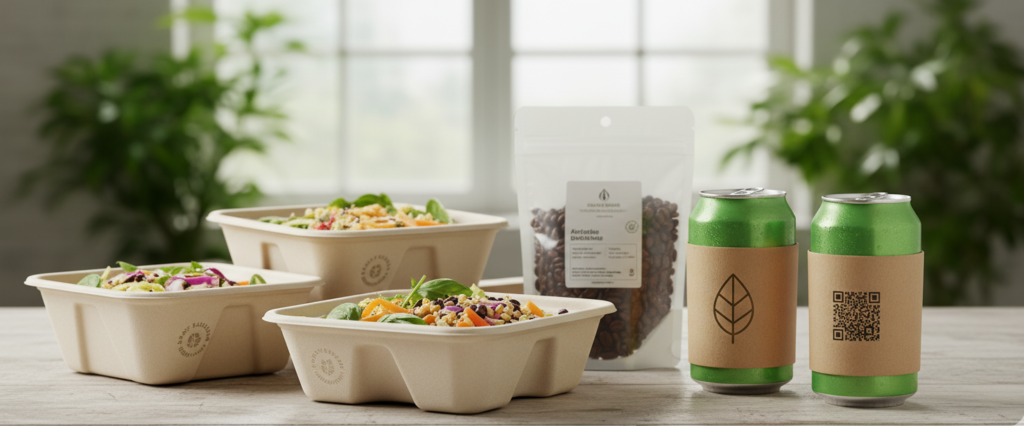 Assortment of eco-friendly and sustainable food and beverage packaging, featuring compostable containers, recycled paper sleeves, and green labels.