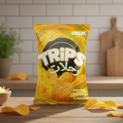Modern snack chips packaging with colorful pouches and cartoon-style characters.