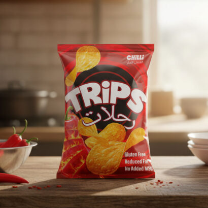 Colorful Trips chips packaging design with animated characters and three flavors: cheese, ketchup, and chili.