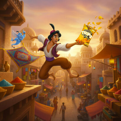 Character-driven chips packaging design with expressive cartoon illustration.